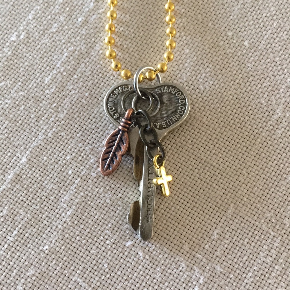Hand Crafted Steampunk Necklace Vintage Key Feather Cross Charms